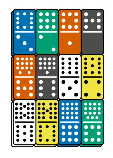 Double-18 dominoes and standard dice in a variety of colors